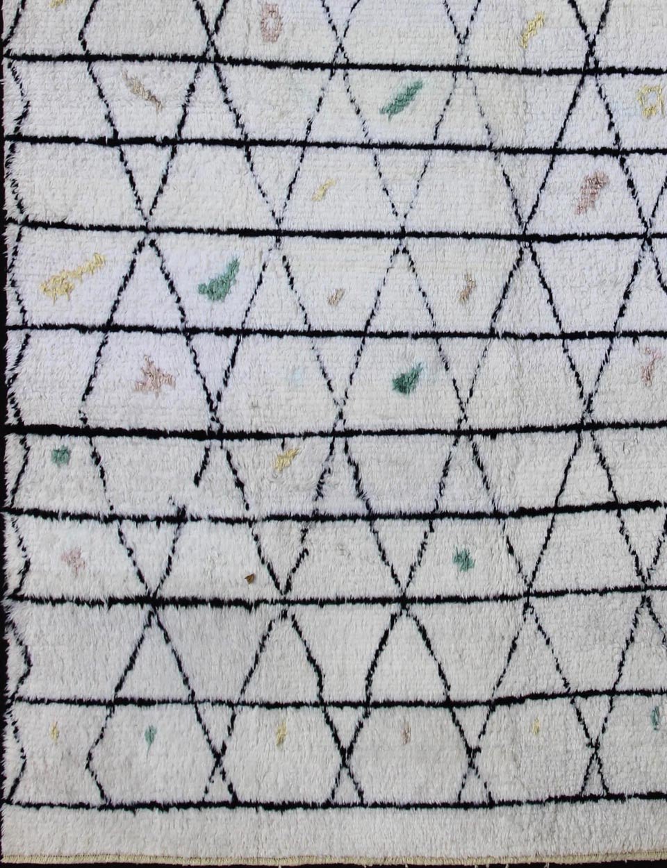 Measures: 10 x 14'7. Modern Moroccan rug with all - over Lattice design in Ivory/white and black with pops of color. Moroccan Tulu Rug on Ivory Background With Black Diamond by Keivan Woven Arts. rug TU - ALG - 19, country of origin / type: Turkey / Triba... - Keivan Woven ArtsTU - ALG - 19 - 12048Rug
