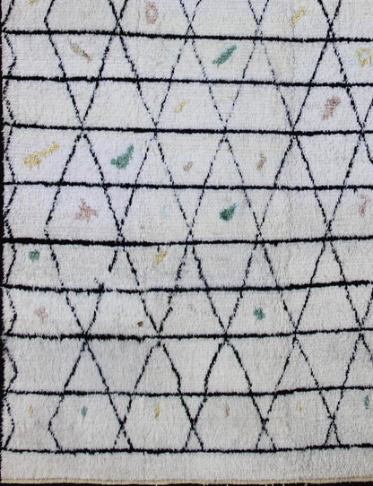Measures: 10 x 14'7. Modern Moroccan rug with all - over Lattice design in Ivory/white and black with pops of color. Moroccan Tulu Rug on Ivory Background With Black Diamond by Keivan Woven Arts. rug TU - ALG - 19, country of origin / type: Turkey / Triba... - Keivan Woven ArtsTU - ALG - 19 - 12048Rug