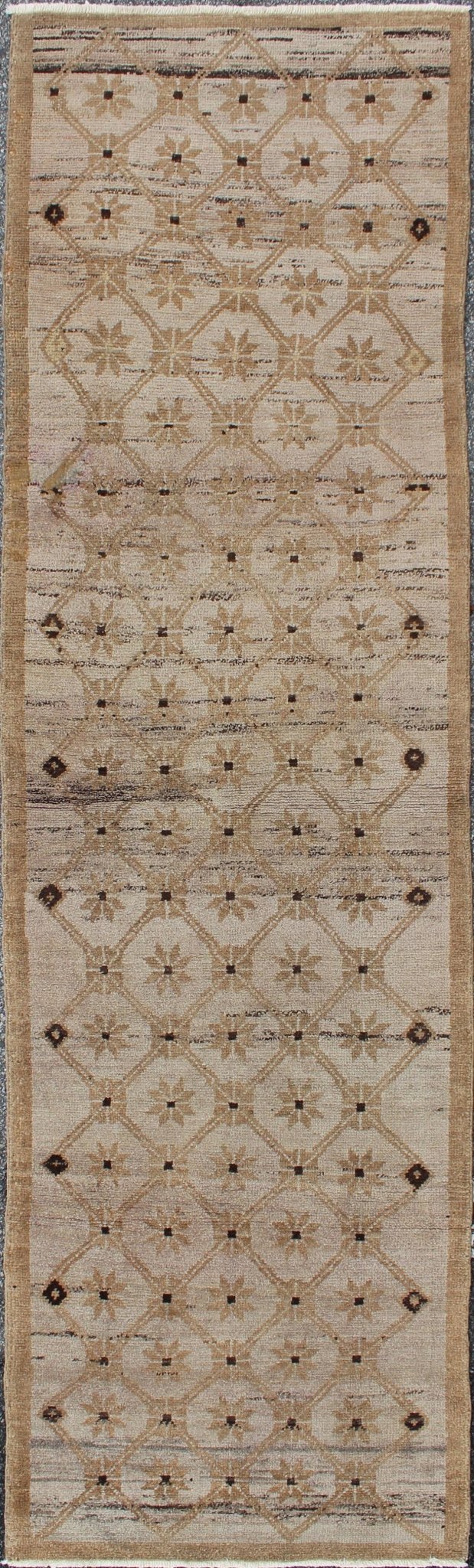 Unique Turkish Vintage Runner with Latticework Design in Taupe, Cream and Khaki, rug tu - alg - 477, country of origin / type: Turkey / Oushak, circa mid - 20th century vintage unique runner with Latticework design in taupe, Khaki and light camel highligh... - Keivan Woven ArtsTU - ALG - 477 - 2890Rug