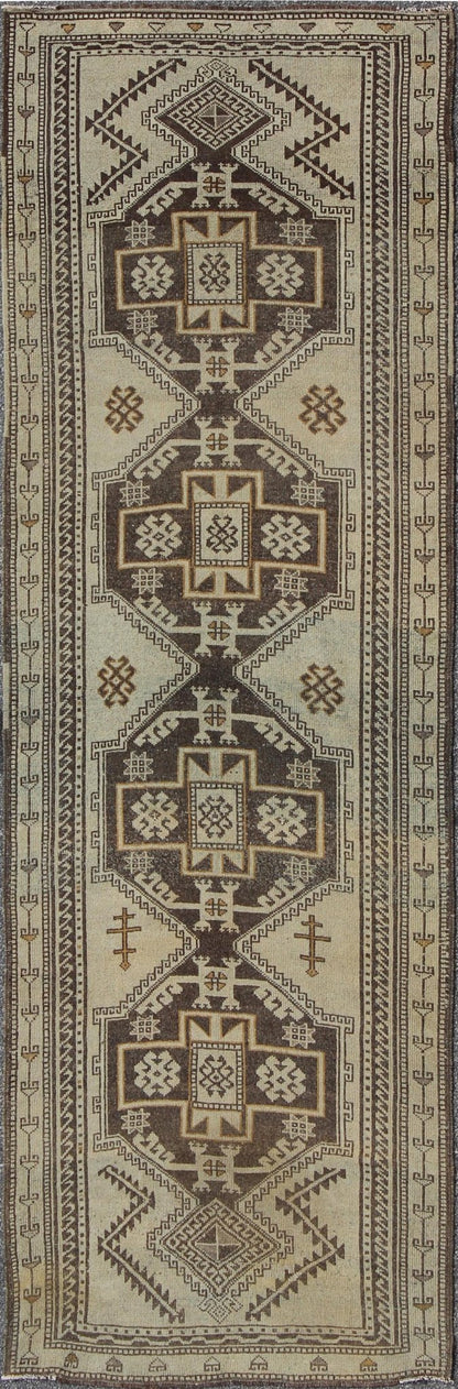 Vintage Oushak Runner with Tribal Medallions and Motifs in Brown and Taupe, rug tu - alk - 1234, country of origin / type: Turkey / Oushak, circa mid - 20th century This vintage Turkish Oushak gallery rug (circa mid - 20th century) features a unique ble... - Keivan Woven ArtsTU - ALK - 1234 - 2914Rug