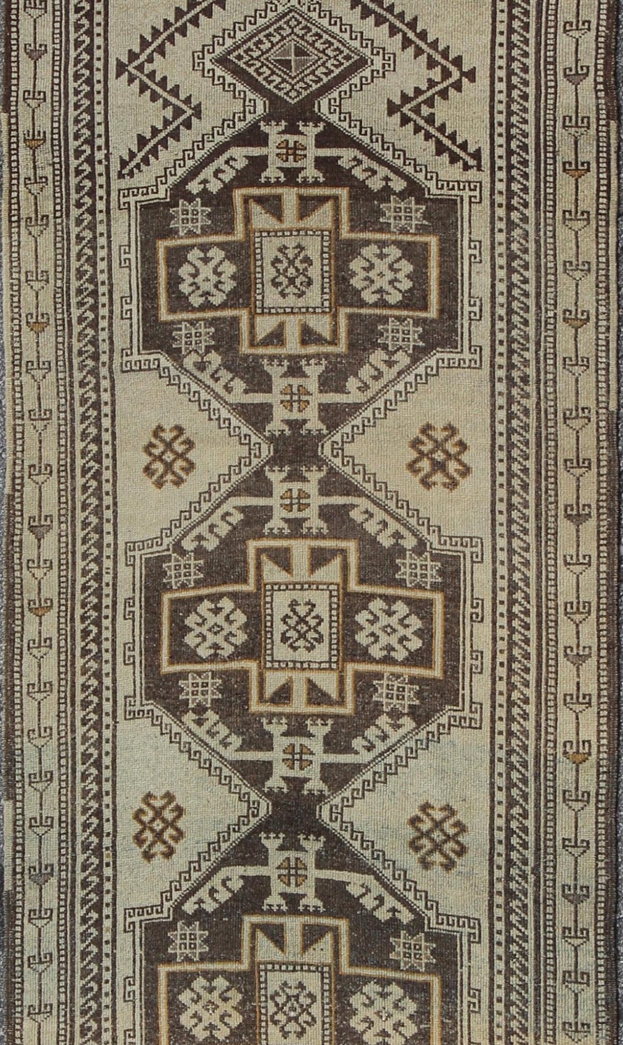 Vintage Oushak Runner with Tribal Medallions and Motifs in Brown and Taupe, rug tu - alk - 1234, country of origin / type: Turkey / Oushak, circa mid - 20th century This vintage Turkish Oushak gallery rug (circa mid - 20th century) features a unique ble... - Keivan Woven ArtsTU - ALK - 1234 - 2914Rug