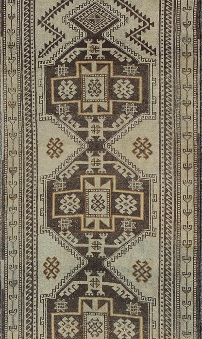 Vintage Oushak Runner with Tribal Medallions and Motifs in Brown and Taupe, rug tu - alk - 1234, country of origin / type: Turkey / Oushak, circa mid - 20th century This vintage Turkish Oushak gallery rug (circa mid - 20th century) features a unique ble... - Keivan Woven ArtsTU - ALK - 1234 - 2914Rug