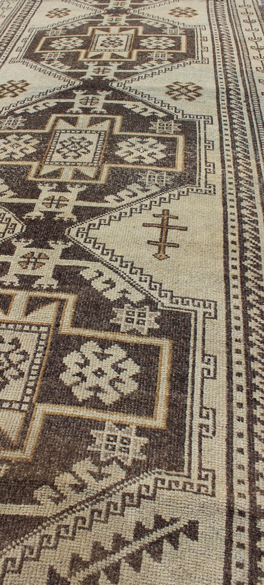Vintage Oushak Runner with Tribal Medallions and Motifs in Brown and Taupe, rug tu - alk - 1234, country of origin / type: Turkey / Oushak, circa mid - 20th century This vintage Turkish Oushak gallery rug (circa mid - 20th century) features a unique ble... - Keivan Woven ArtsTU - ALK - 1234 - 2914Rug
