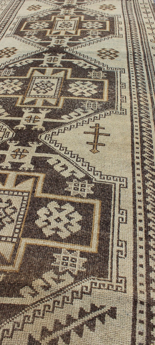 Vintage Oushak Runner with Tribal Medallions and Motifs in Brown and Taupe, rug tu - alk - 1234, country of origin / type: Turkey / Oushak, circa mid - 20th century This vintage Turkish Oushak gallery rug (circa mid - 20th century) features a unique ble... - Keivan Woven ArtsTU - ALK - 1234 - 2914Rug