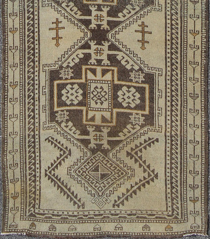 Vintage Oushak Runner with Tribal Medallions and Motifs in Brown and Taupe, rug tu - alk - 1234, country of origin / type: Turkey / Oushak, circa mid - 20th century This vintage Turkish Oushak gallery rug (circa mid - 20th century) features a unique ble... - Keivan Woven ArtsTU - ALK - 1234 - 2914Rug