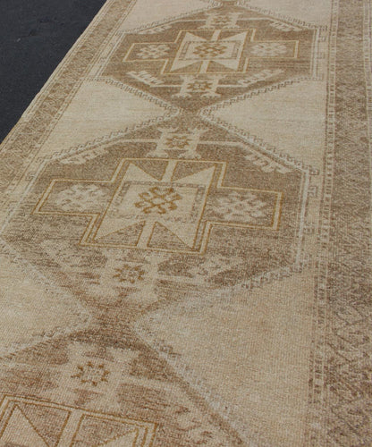 Vintage Hand Knotted Oushak Gallery Runner With Three Medallion Design in Taupe, Light Brown Vintage Oushak rug from Turkey in with flower motifs, Keivan Woven Arts / rug TU - ALK - 3555, country of origin / type: Turkey / Oushak, circa 1940 ... - Keivan Woven ArtsTU - ALK - 3555 - 12058Rug