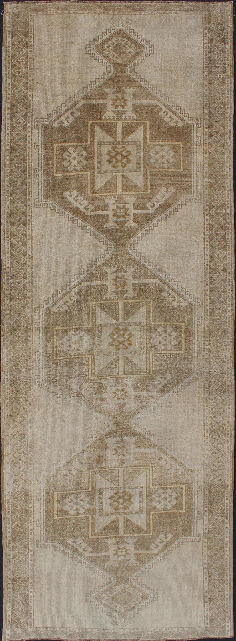 Vintage Hand Knotted Oushak Gallery Runner With Three Medallion Design in Taupe, Light Brown Vintage Oushak rug from Turkey in with flower motifs, Keivan Woven Arts / rug TU - ALK - 3555, country of origin / type: Turkey / Oushak, circa 1940 ... - Keivan Woven ArtsTU - ALK - 3555 - 12058Rug