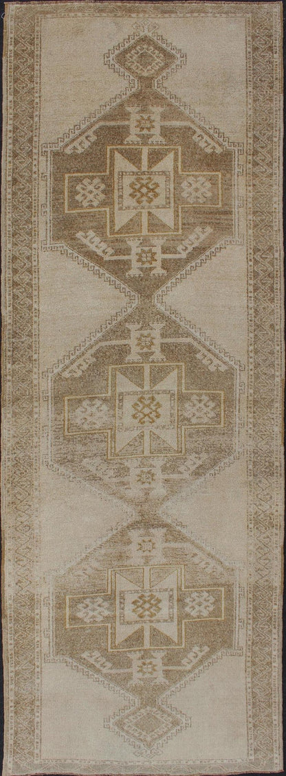Vintage Hand Knotted Oushak Gallery Runner With Three Medallion Design in Taupe, Light Brown Vintage Oushak rug from Turkey in with flower motifs, Keivan Woven Arts / rug TU - ALK - 3555, country of origin / type: Turkey / Oushak, circa 1940 ... - Keivan Woven ArtsTU - ALK - 3555 - 12058Rug