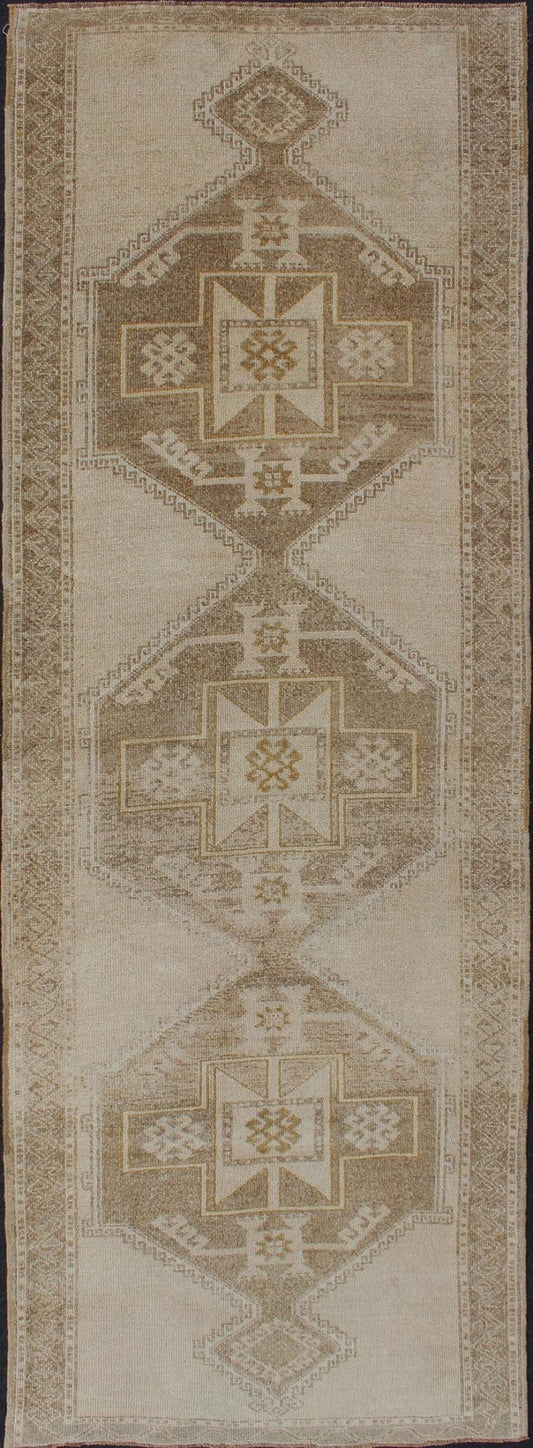 Vintage Hand Knotted Oushak Gallery Runner With Three Medallion Design in Taupe, Light Brown Vintage Oushak rug from Turkey in with flower motifs, Keivan Woven Arts / rug TU - ALK - 3555, country of origin / type: Turkey / Oushak, circa 1940 ... - Keivan Woven ArtsTU - ALK - 3555 - 12058Rug