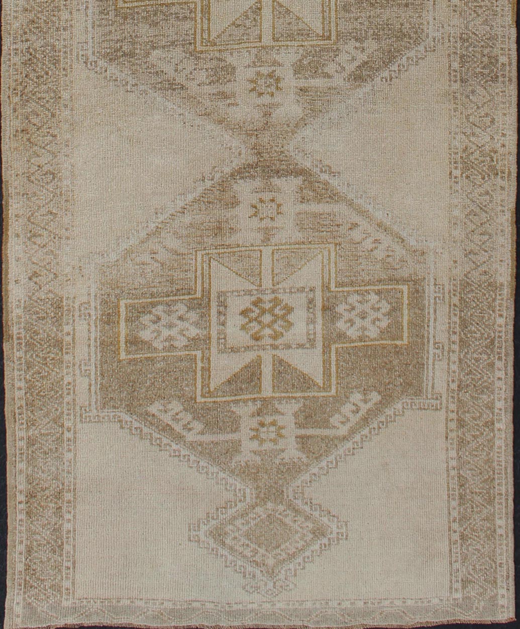 Vintage Hand Knotted Oushak Gallery Runner With Three Medallion Design in Taupe, Light Brown Vintage Oushak rug from Turkey in with flower motifs, Keivan Woven Arts / rug TU - ALK - 3555, country of origin / type: Turkey / Oushak, circa 1940 ... - Keivan Woven ArtsTU - ALK - 3555 - 12058Rug