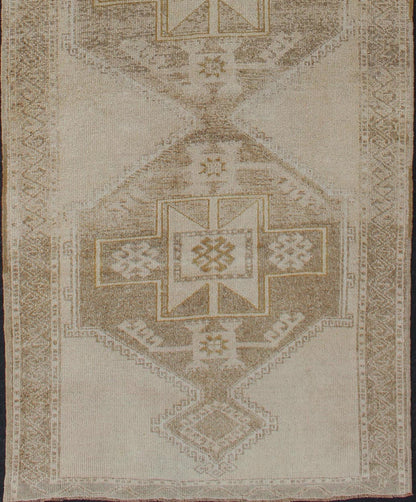 Vintage Hand Knotted Oushak Gallery Runner With Three Medallion Design in Taupe, Light Brown Vintage Oushak rug from Turkey in with flower motifs, Keivan Woven Arts / rug TU - ALK - 3555, country of origin / type: Turkey / Oushak, circa 1940 ... - Keivan Woven ArtsTU - ALK - 3555 - 12058Rug