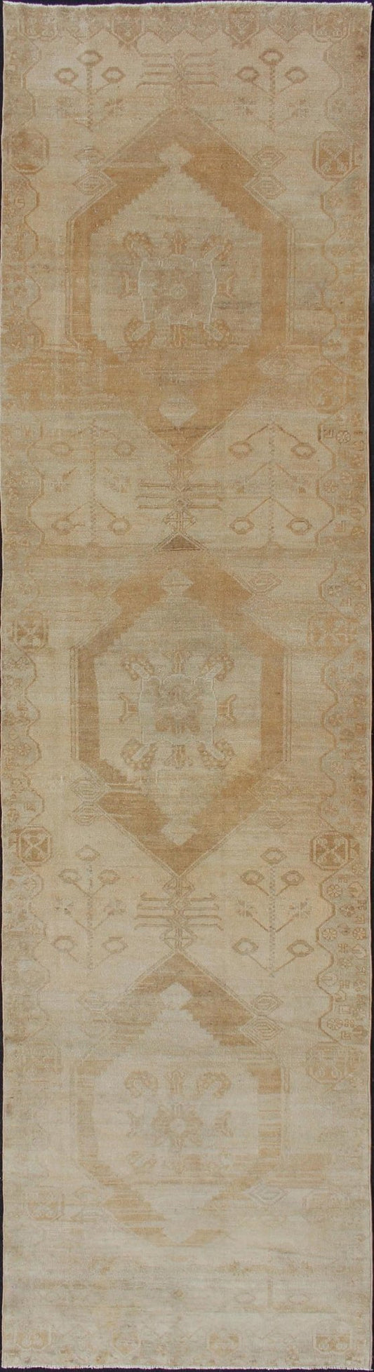 Vintage Hand Knotted Turkish Oushak Runner With Multi - Medallion Design in Muted Color Palette Vintage Oushak Runner from Turkey with Medallion Design in subdued color tones, Keivan Woven Arts / rug TU - ALK - 3558, country of origin / type: Turkey /... - Keivan Woven ArtsTU - ALK - 3558 - 12066Rug