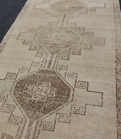 Vintage Turkish Oushak Runner with Geometric Design in Tan, L.Brown and Taupe Vintage Oushak Runner from Turkey with Vertical Medallion design in Neutral color, L.Brown and Taupe, Keivan Woven Arts / rug/TU - ALK - 3559, country of origin / type: Tu... - Keivan Woven ArtsTU - ALK - 3559 - 12070Rug