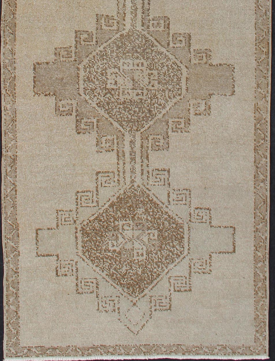 Vintage Turkish Oushak Runner with Geometric Design in Tan, L.Brown and Taupe Vintage Oushak Runner from Turkey with Vertical Medallion design in Neutral color, L.Brown and Taupe, Keivan Woven Arts / rug/TU - ALK - 3559, country of origin / type: Tu... - Keivan Woven ArtsTU - ALK - 3559 - 12070Rug