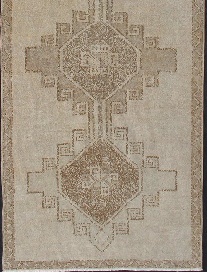 Vintage Turkish Oushak Runner with Geometric Design in Tan, L.Brown and Taupe Vintage Oushak Runner from Turkey with Vertical Medallion design in Neutral color, L.Brown and Taupe, Keivan Woven Arts / rug/TU - ALK - 3559, country of origin / type: Tu... - Keivan Woven ArtsTU - ALK - 3559 - 12070Rug