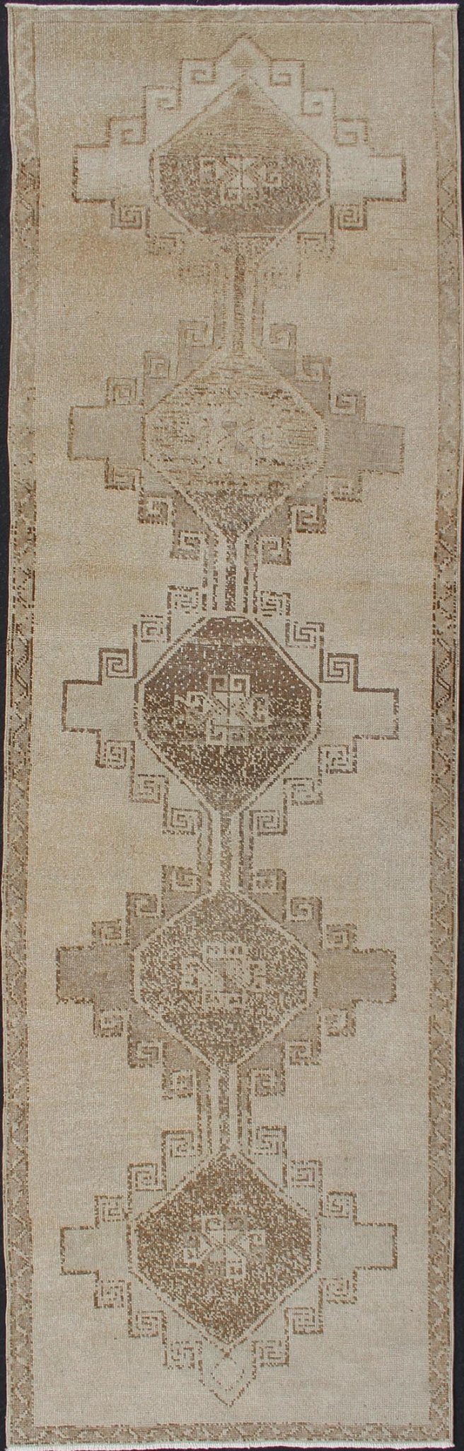 Vintage Turkish Oushak Runner with Geometric Design in Tan, L.Brown and Taupe Vintage Oushak Runner from Turkey with Vertical Medallion design in Neutral color, L.Brown and Taupe, Keivan Woven Arts / rug/TU - ALK - 3559, country of origin / type: Tu... - Keivan Woven ArtsTU - ALK - 3559 - 12070Rug