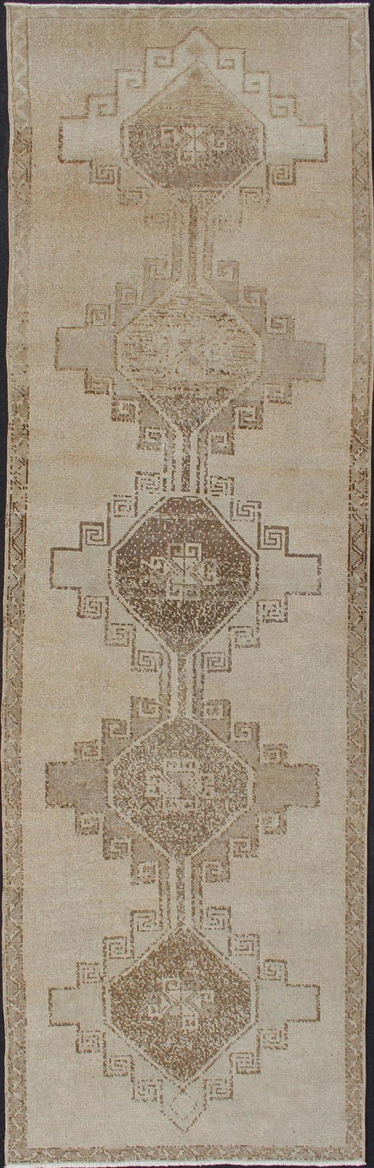 Vintage Turkish Oushak Runner with Geometric Design in Tan, L.Brown and Taupe Vintage Oushak Runner from Turkey with Vertical Medallion design in Neutral color, L.Brown and Taupe, Keivan Woven Arts / rug/TU - ALK - 3559, country of origin / type: Tu... - Keivan Woven ArtsTU - ALK - 3559 - 12070Rug