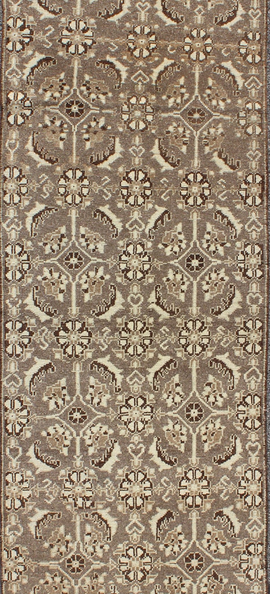 Vintage Turkish Runner with All - Over Blossoms Pattern in Light Charcoal & Ivory, rug alk - 3566, country of origin / type: Turkey / Oushak, circa mid - 20th century This broad vintage Turkish Oushak runner (circa mid - 20th century) is remarkably eleg... - Keivan Woven ArtsTU - ALK - 3566 - 6801Rug