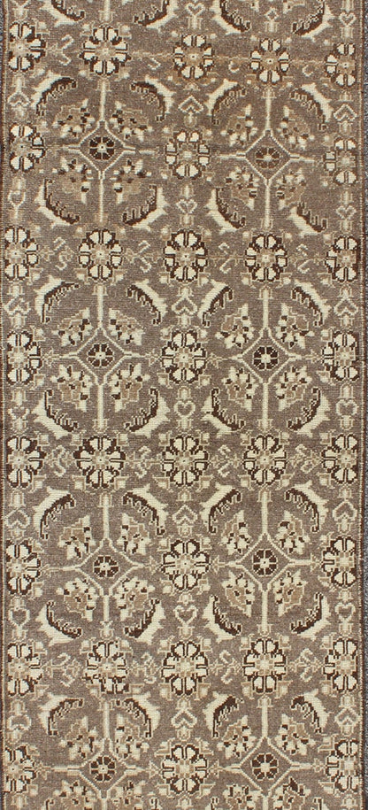 Vintage Turkish Runner with All - Over Blossoms Pattern in Light Charcoal & Ivory, rug alk - 3566, country of origin / type: Turkey / Oushak, circa mid - 20th century This broad vintage Turkish Oushak runner (circa mid - 20th century) is remarkably eleg... - Keivan Woven ArtsTU - ALK - 3566 - 6801Rug