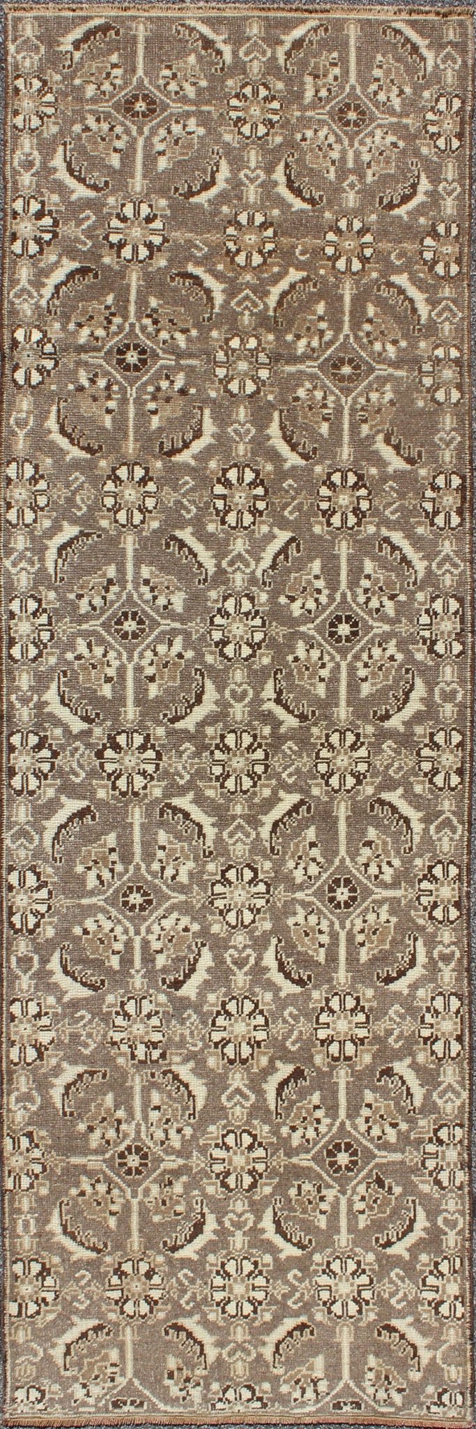 Vintage Turkish Runner with All - Over Blossoms Pattern in Light Charcoal & Ivory, rug alk - 3566, country of origin / type: Turkey / Oushak, circa mid - 20th century This broad vintage Turkish Oushak runner (circa mid - 20th century) is remarkably eleg... - Keivan Woven ArtsTU - ALK - 3566 - 6801Rug