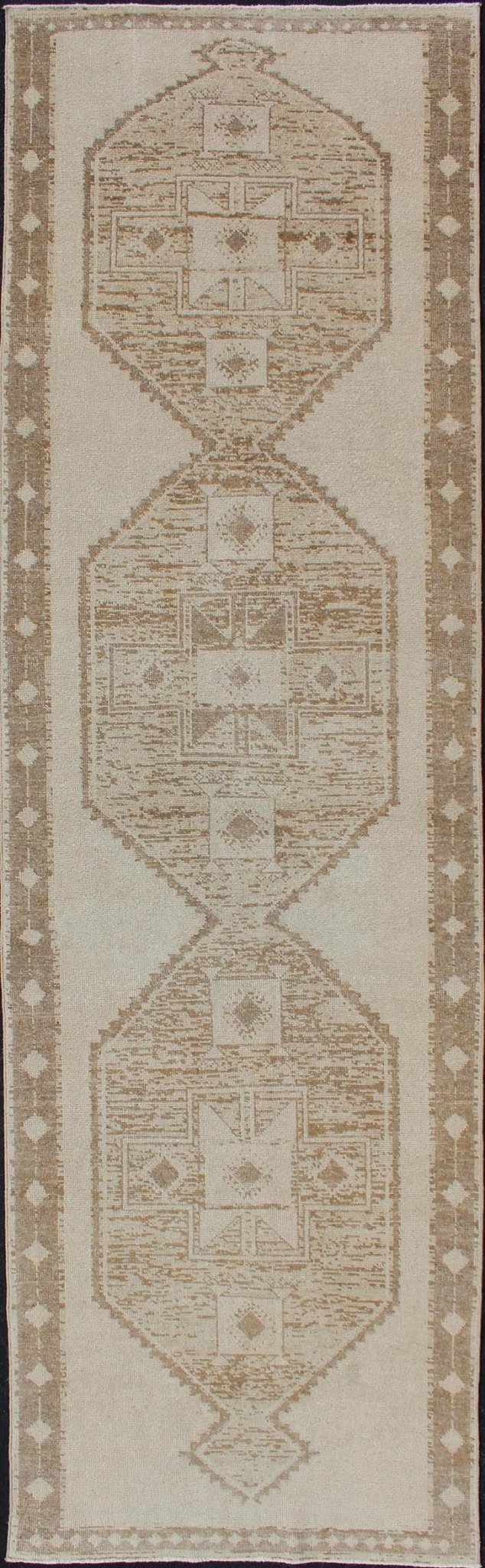 Vintage Turkish Oushak Wide Runner With Three Geometric Medallions in Neutral Colors. Midcentury vintage Turkish Oushak runner with three flowing medallions, rug/TU - ALK - 3573, country of origin / type: Turkey / Oushak, circa mid - 20th century. ... - Keivan Woven ArtsTU - ALK - 3573 - 12074Rug