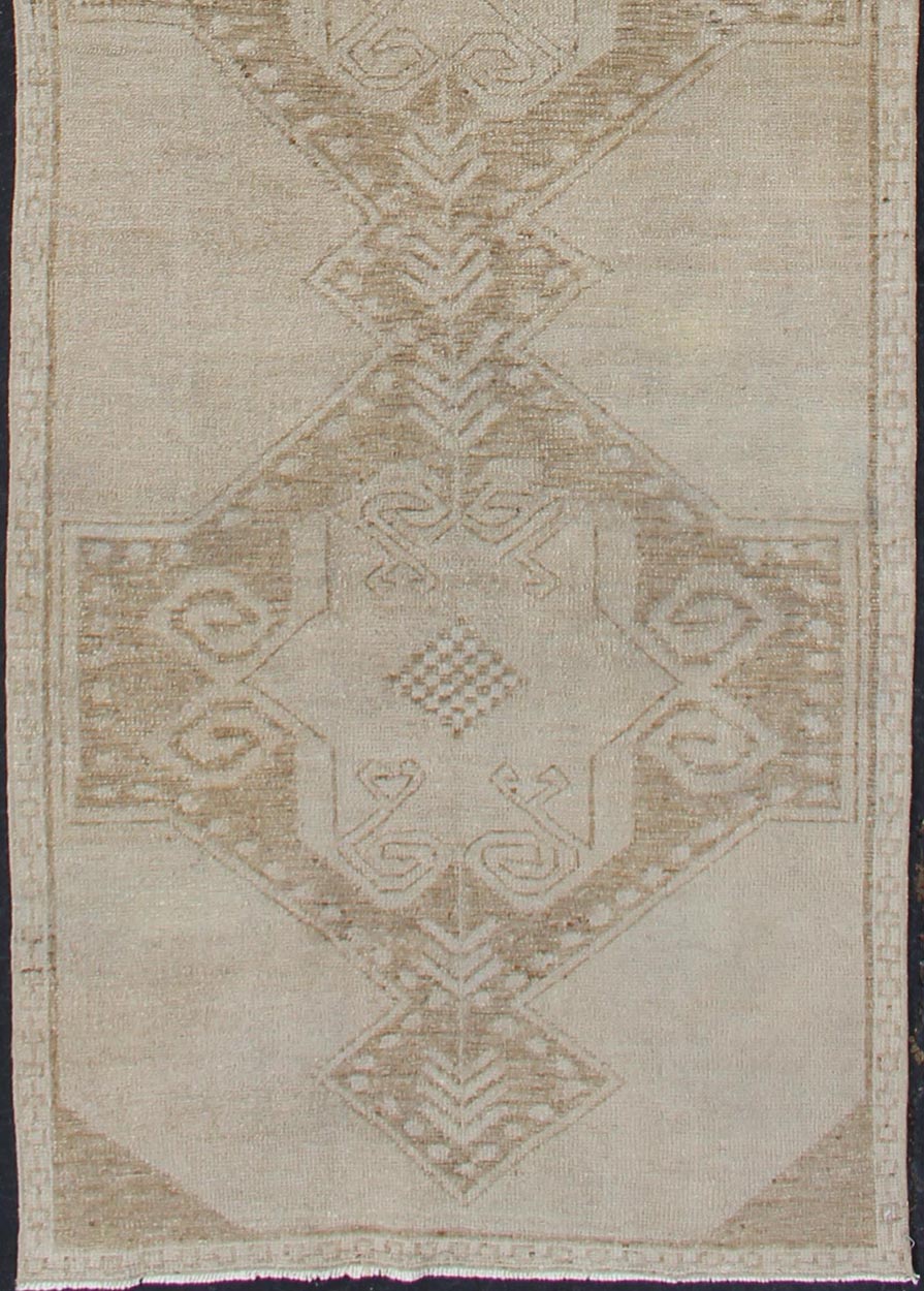 Vintage Turkish Oushak Runner With Medallions in Taupe, Tan, and Browns Vintage Medallion Turkish Oushak runner in tan with brown and taupe. Keivan Woven Arts / rug TU - ALK - 3576, country of origin / type: Turkey / Oushak, circa 1940 This u... - Keivan Woven ArtsTU - ALK - 3576 - 12078Rug