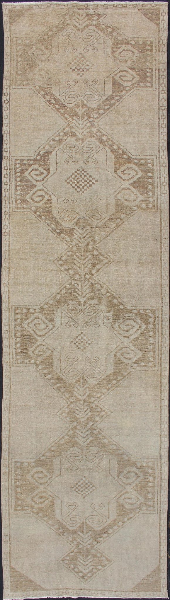 Vintage Turkish Oushak Runner With Medallions in Taupe, Tan, and Browns Vintage Medallion Turkish Oushak runner in tan with brown and taupe. Keivan Woven Arts / rug TU - ALK - 3576, country of origin / type: Turkey / Oushak, circa 1940 This u... - Keivan Woven ArtsTU - ALK - 3576 - 12078Rug