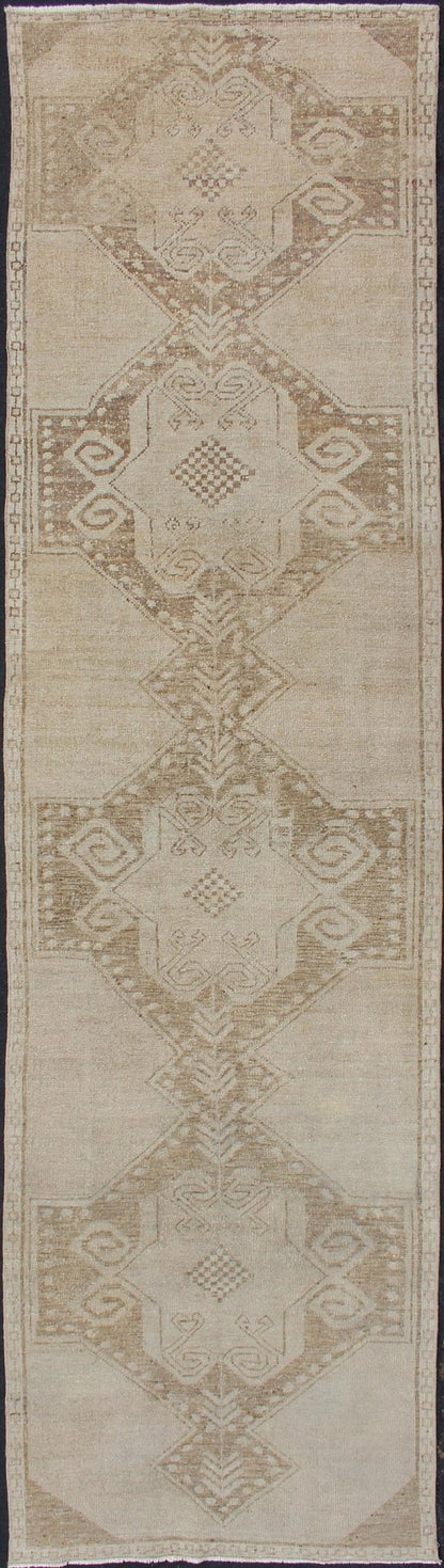 Vintage Turkish Oushak Runner With Medallions in Taupe, Tan, and Browns Vintage Medallion Turkish Oushak runner in tan with brown and taupe. Keivan Woven Arts / rug TU - ALK - 3576, country of origin / type: Turkey / Oushak, circa 1940 This u... - Keivan Woven ArtsTU - ALK - 3576 - 12078Rug