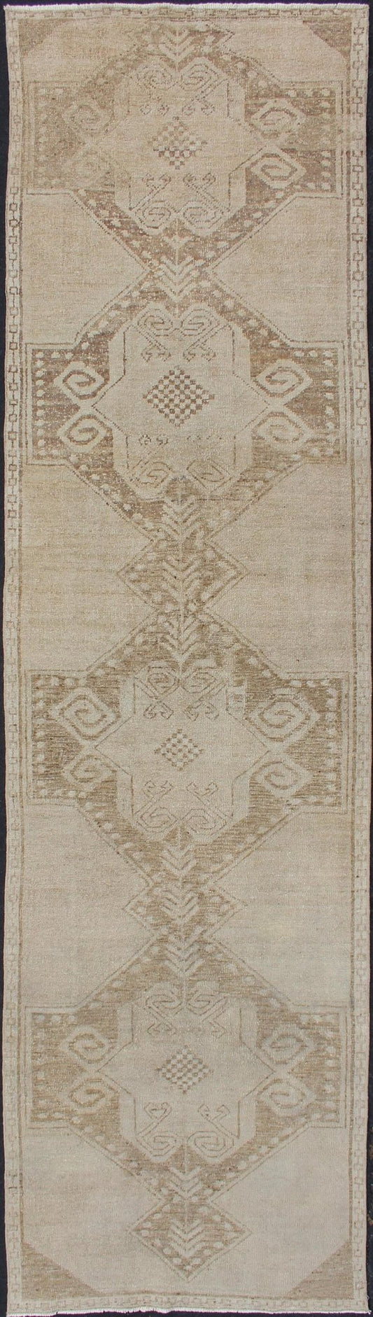 Vintage Turkish Oushak Runner With Medallions in Taupe, Tan, and Browns Vintage Medallion Turkish Oushak runner in tan with brown and taupe. Keivan Woven Arts / rug TU - ALK - 3576, country of origin / type: Turkey / Oushak, circa 1940 This u... - Keivan Woven ArtsTU - ALK - 3576 - 12078