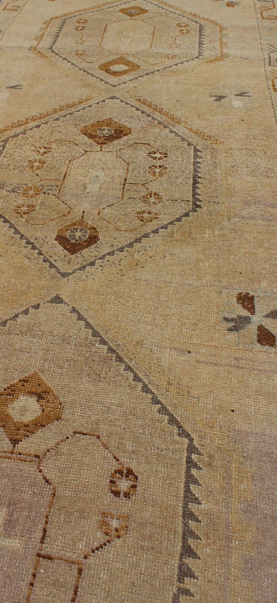Vintage Turkish Oushak Runner with Tribal Medallions in Lavender, Taupe & Brown This vintage Turkish Oushak gallery rug (circa mid - 20th century) features a unique blend of colors and an intricately beautiful design. The central medallions consis... - Keivan Woven ArtsTU - ALK - 3581 - 6779Rug