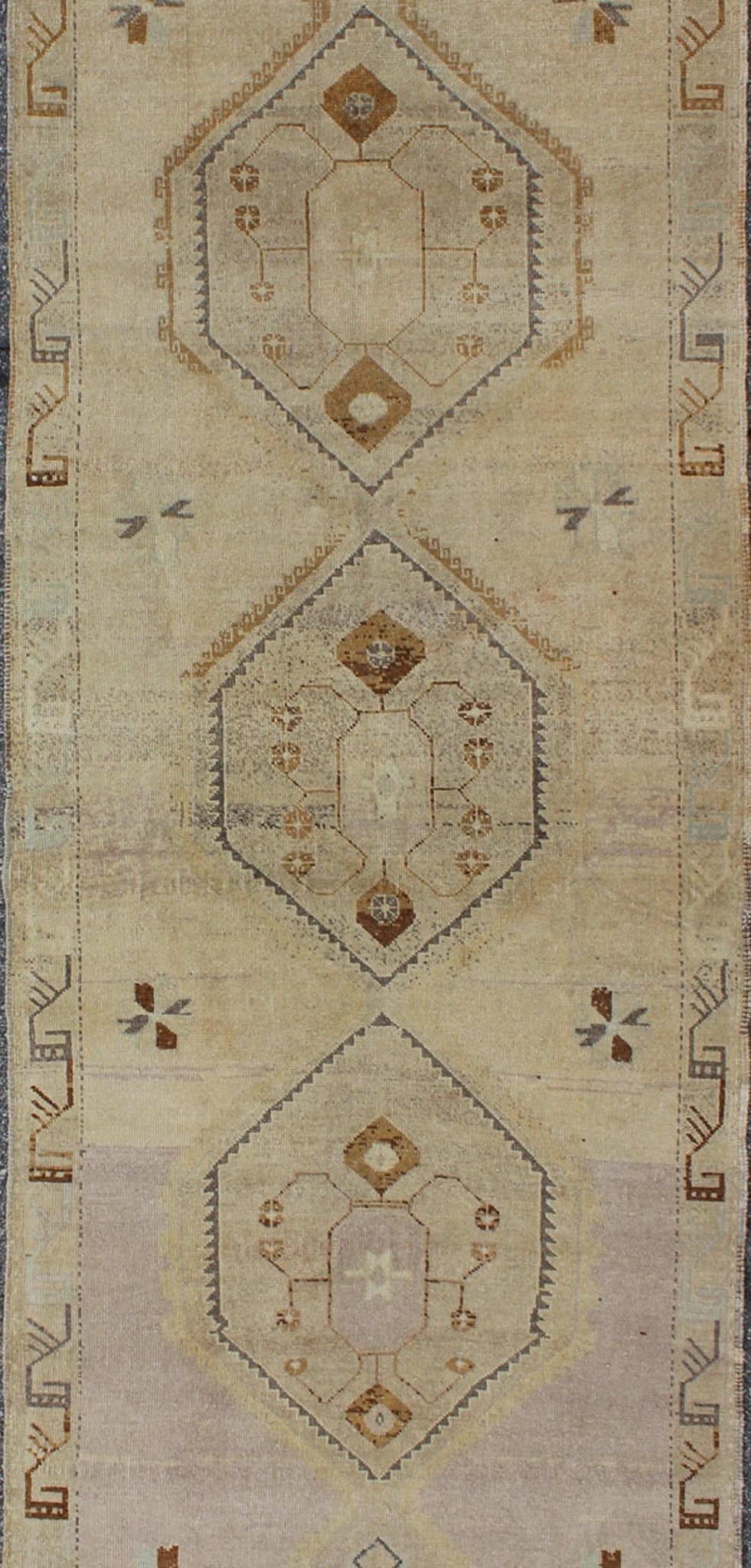 Vintage Turkish Oushak Runner with Tribal Medallions in Lavender, Taupe & Brown This vintage Turkish Oushak gallery rug (circa mid - 20th century) features a unique blend of colors and an intricately beautiful design. The central medallions consis... - Keivan Woven ArtsTU - ALK - 3581 - 6779Rug