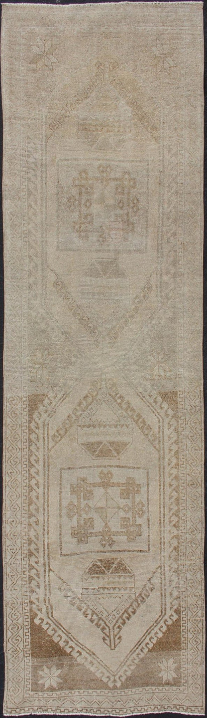 Vintage Turkish Oushak Runner with Floral Medallions in Taupe and Sandy Color Vintage Turkish Oushak runner with floral medallions, Keivan Woven Arts / rug TU - ALK - 3584 , country of origin / type: Turkey / Oushak, circa 1940. This vintage... - Keivan Woven ArtsTU - ALK - 3584 - 12090Rug