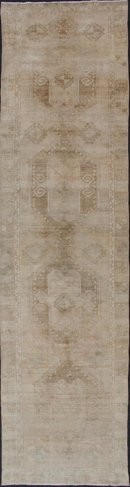 Hand Knotted Vintage Turkish Runner in Earth Tones & Light Brown in Medallions tan, sand, taupe and light brown. Keivan Woven Arts / rug TU - ALK - 3585, country of origin / type: Turkey / Kars, circa 1940. Turkish runner in Earth tones, light brown... - Keivan Woven ArtsTU - ALK - 3585 - 12096Rug
