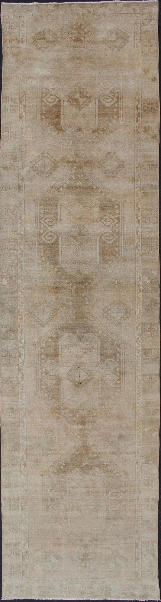 Hand Knotted Vintage Turkish Runner in Earth Tones & Light Brown in Medallions tan, sand, taupe and light brown. Keivan Woven Arts / rug TU - ALK - 3585, country of origin / type: Turkey / Kars, circa 1940. Turkish runner in Earth tones, light brown... - Keivan Woven ArtsTU - ALK - 3585 - 12096Rug