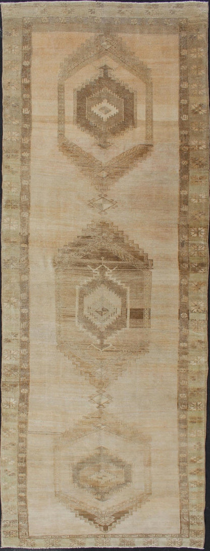 Large Gallery Runner Turkish Rug in Earth Tones & Light Brown in Medallions. Vintage wide Gallery runner from Turkey with Geometric Medallion design in various tones earth colors such as of tan, sand, taupe and light brown rug TU - ALK - 3587, country o... - Keivan Woven ArtsTU - ALK - 3587 - 12309Rug