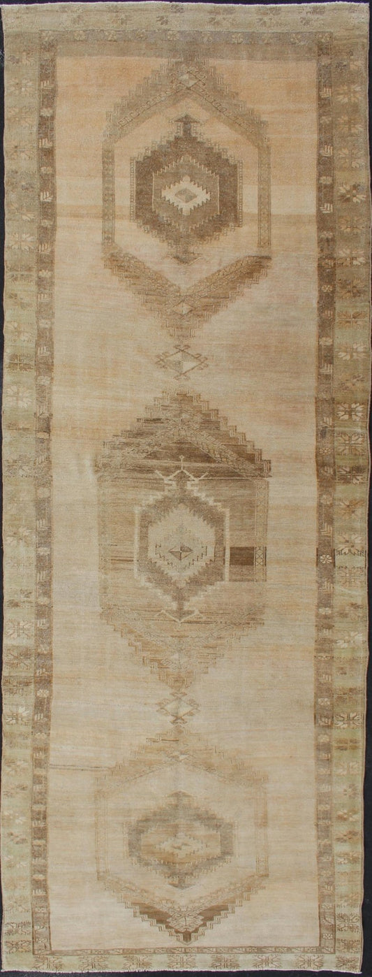 Large Gallery Runner Turkish Rug in Earth Tones & Light Brown in Medallions. Vintage wide Gallery runner from Turkey with Geometric Medallion design in various tones earth colors such as of tan, sand, taupe and light brown rug TU - ALK - 3587, country o... - Keivan Woven ArtsTU - ALK - 3587 - 12309