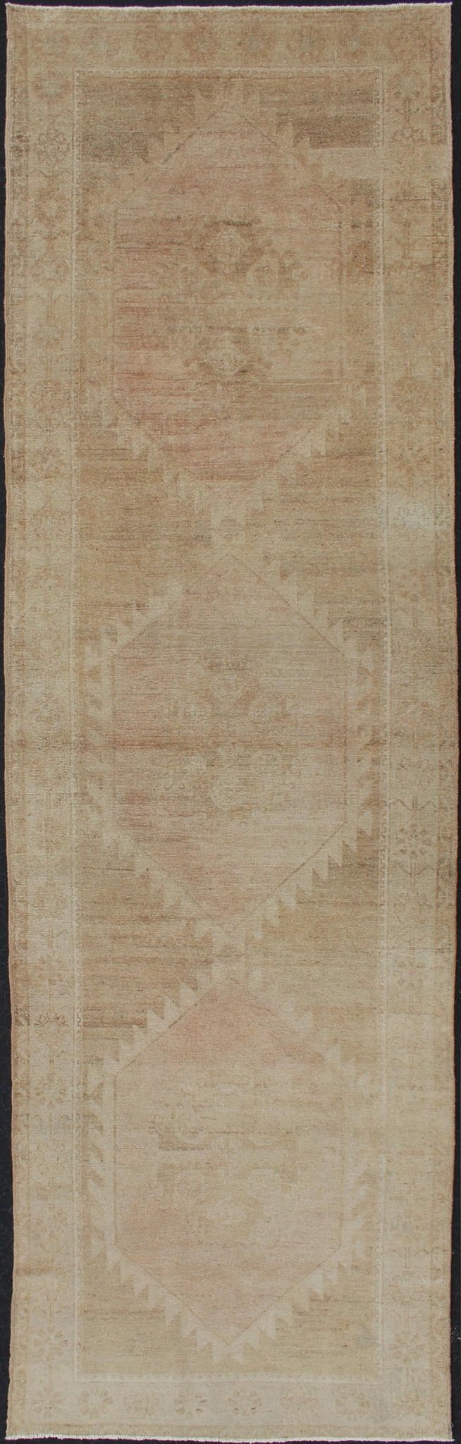 Vintage Turkish Oushak Runner Neutral Colors with Tribal Design in Earth Colors. wide and long vintage Turkish Oushak runner in neutral colors with medallions in taupe, tan, and light brown. rug/TU - ALK - 3590. Vintage Oushak runner Thi... - Keivan Woven ArtsTU - ALK - 3590 - 12108Rug