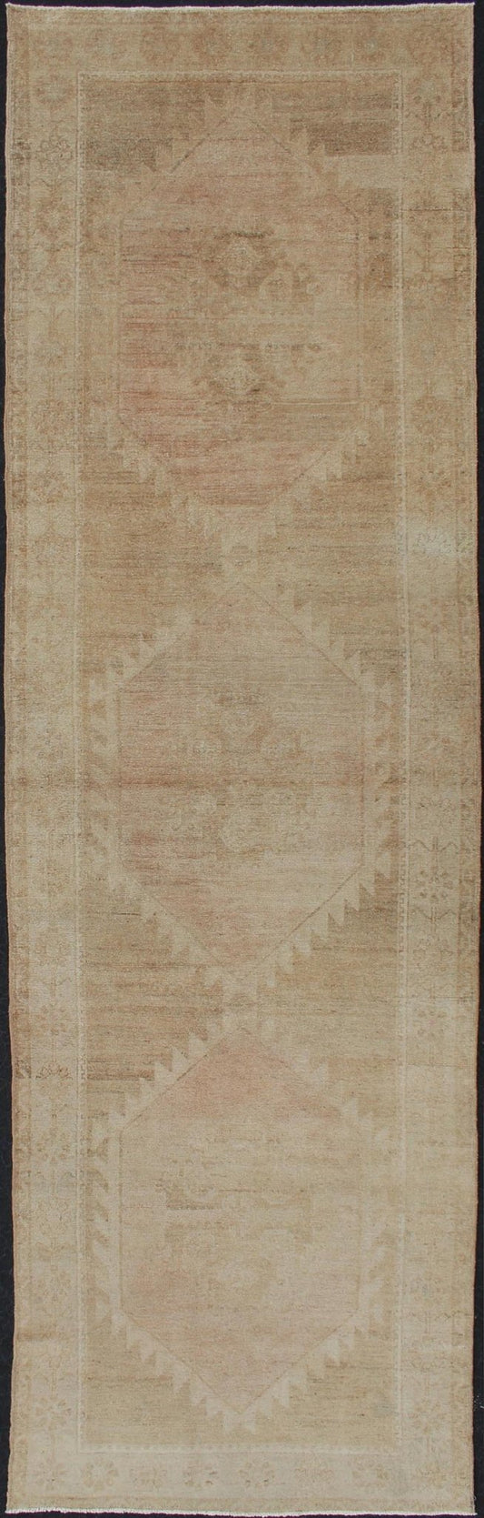 Vintage Turkish Oushak Runner Neutral Colors with Tribal Design in Earth Colors. wide and long vintage Turkish Oushak runner in neutral colors with medallions in taupe, tan, and light brown. rug/TU - ALK - 3590. Vintage Oushak runner Thi... - Keivan Woven ArtsTU - ALK - 3590 - 12108Rug
