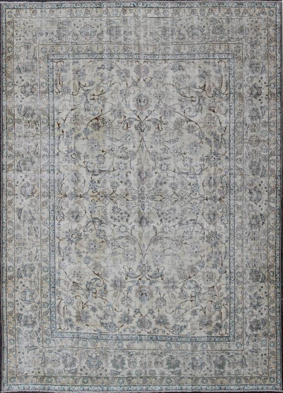 Persian Tabriz Antique Rug in All Over Floral Design in Muted Colors of Cream and Light Blue. Antique Persian Tabriz rug. Keivan Woven Arts / rug TU - ALK - 3650, country of origin / type: Iran / Tabriz, circa 1920. This fine Persian Tabriz carpet s... - Keivan Woven ArtsTU - ALK - 3650 - 6814Rug