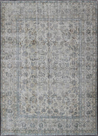 Persian Tabriz Antique Rug in All Over Floral Design in Muted Colors of Cream and Light Blue. Antique Persian Tabriz rug. Keivan Woven Arts / rug TU - ALK - 3650, country of origin / type: Iran / Tabriz, circa 1920. This fine Persian Tabriz carpet s... - Keivan Woven ArtsTU - ALK - 3650 - 6814Rug
