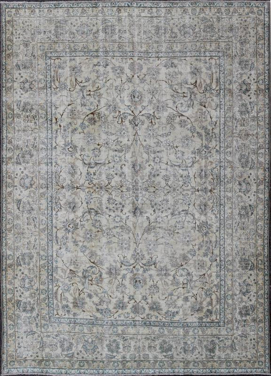 Persian Tabriz Antique Rug in All Over Floral Design in Muted Colors of Cream and Light Blue. Antique Persian Tabriz rug. Keivan Woven Arts / rug TU - ALK - 3650, country of origin / type: Iran / Tabriz, circa 1920. This fine Persian Tabriz carpet s... - Keivan Woven ArtsTU - ALK - 3650 - 6814Rug