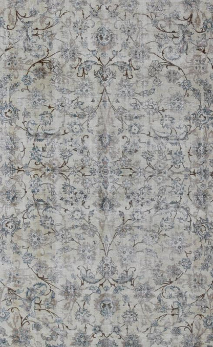 Persian Tabriz Antique Rug in All Over Floral Design in Muted Colors of Cream and Light Blue. Antique Persian Tabriz rug. Keivan Woven Arts / rug TU - ALK - 3650, country of origin / type: Iran / Tabriz, circa 1920. This fine Persian Tabriz carpet s... - Keivan Woven ArtsTU - ALK - 3650 - 6814Rug