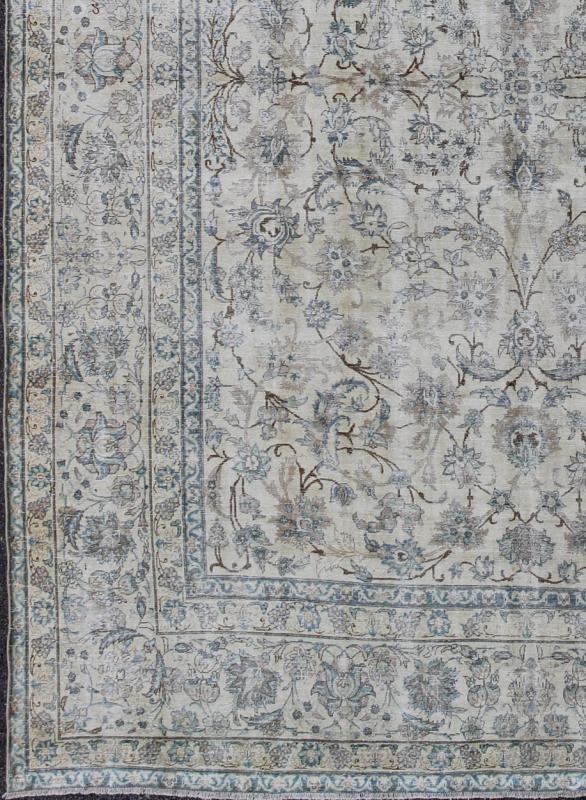 Persian Tabriz Antique Rug in All Over Floral Design in Muted Colors of Cream and Light Blue. Antique Persian Tabriz rug. Keivan Woven Arts / rug TU - ALK - 3650, country of origin / type: Iran / Tabriz, circa 1920. This fine Persian Tabriz carpet s... - Keivan Woven ArtsTU - ALK - 3650 - 6814Rug