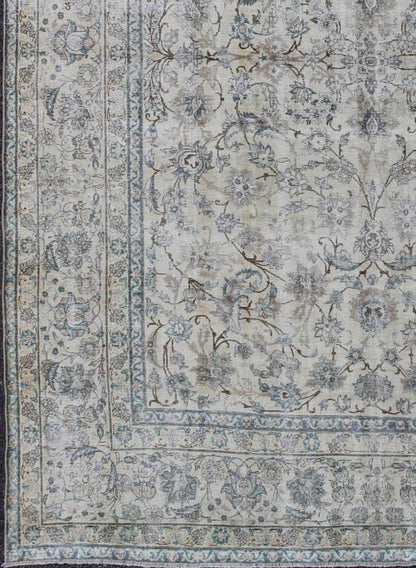 Persian Tabriz Antique Rug in All Over Floral Design in Muted Colors of Cream and Light Blue. Antique Persian Tabriz rug. Keivan Woven Arts / rug TU - ALK - 3650, country of origin / type: Iran / Tabriz, circa 1920. This fine Persian Tabriz carpet s... - Keivan Woven ArtsTU - ALK - 3650 - 6814Rug