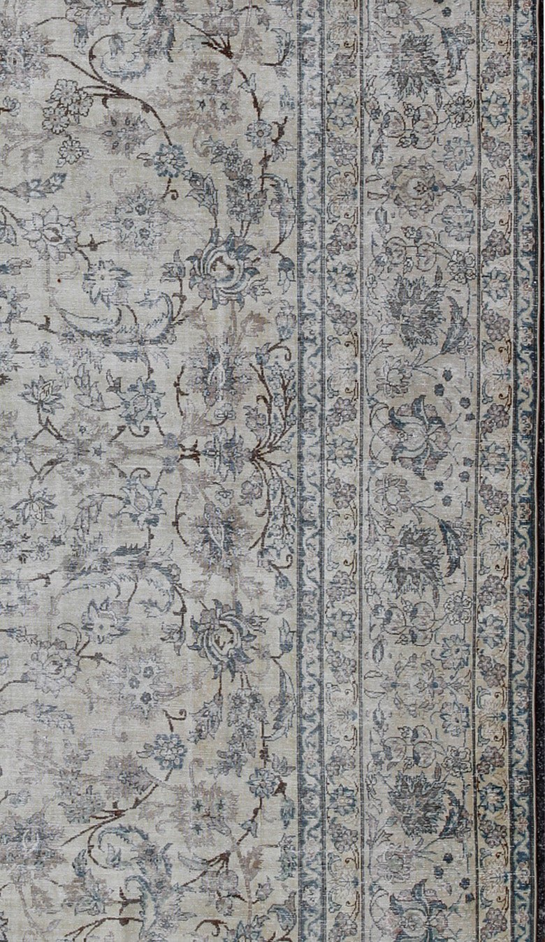 Persian Tabriz Antique Rug in All Over Floral Design in Muted Colors of Cream and Light Blue. Antique Persian Tabriz rug. Keivan Woven Arts / rug TU - ALK - 3650, country of origin / type: Iran / Tabriz, circa 1920. This fine Persian Tabriz carpet s... - Keivan Woven ArtsTU - ALK - 3650 - 6814Rug