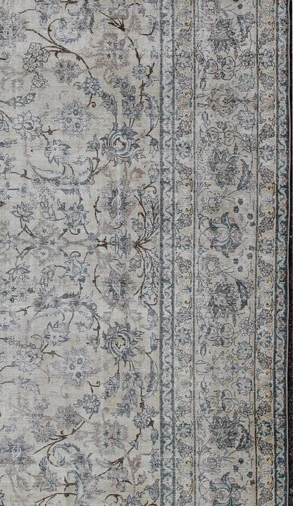 Persian Tabriz Antique Rug in All Over Floral Design in Muted Colors of Cream and Light Blue. Antique Persian Tabriz rug. Keivan Woven Arts / rug TU - ALK - 3650, country of origin / type: Iran / Tabriz, circa 1920. This fine Persian Tabriz carpet s... - Keivan Woven ArtsTU - ALK - 3650 - 6814Rug