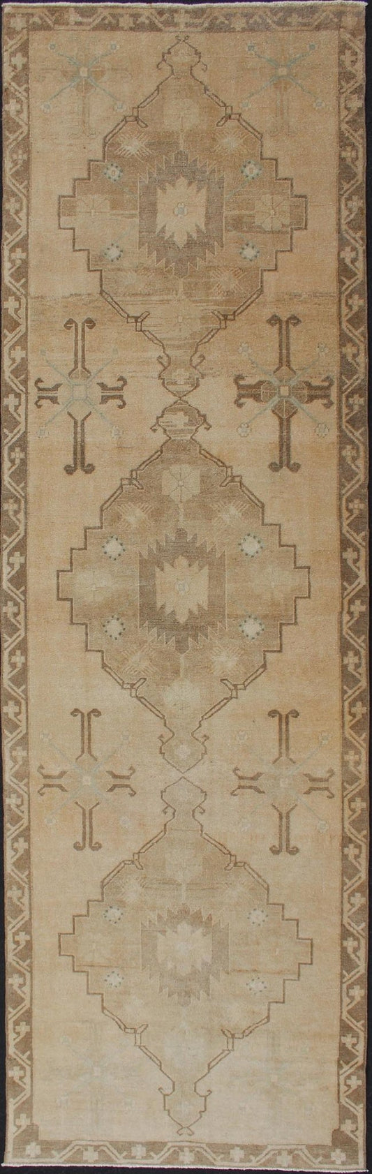 Vintage Turkish Oushak Runner Neutral and warm Colors with Tribal Medallions. wide and long vintage Turkish Oushak runner in neutral colors with medallions in taupe, blue and light brown. rug/TU - ALK - 4873. Vintage Oushak runner This vintage Ousha... - Keivan Woven ArtsTU - ALK - 4873 - 12126Rug
