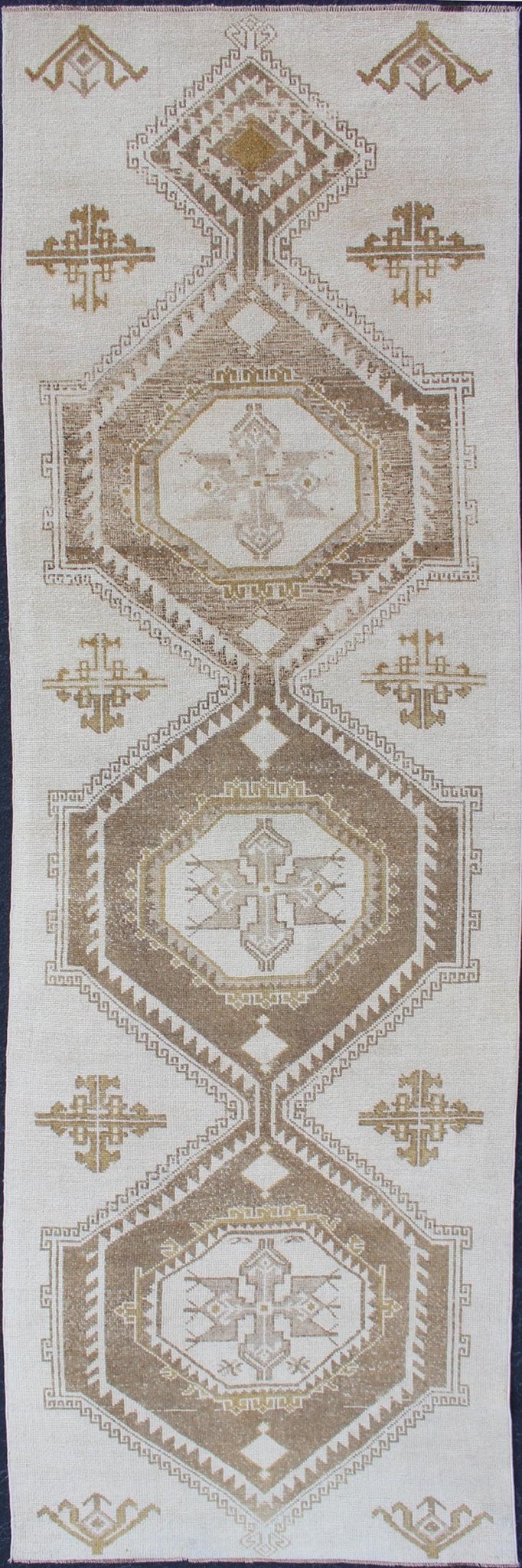 Subdued Vintage Hand Knotted Turkish Oushak Runner With Medallions in Cream and Brown Lightly toned vintage Turkish Runner with Oushak design, Keivan Woven Arts / rug TU - ALK - 4883, country of origin / type: Turkey / Oushak, circa 1940. Thi... - Keivan Woven ArtsTU - ALK - 4883 - 12134Rug