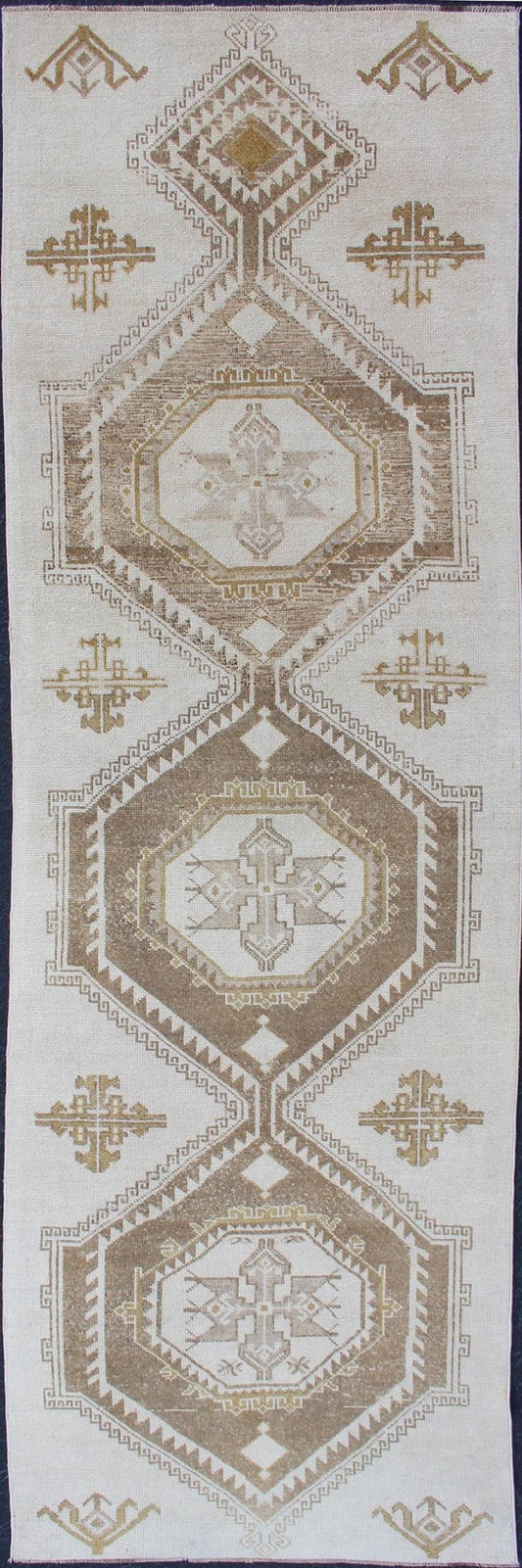Subdued Vintage Hand Knotted Turkish Oushak Runner With Medallions in Cream and Brown Lightly toned vintage Turkish Runner with Oushak design, Keivan Woven Arts / rug TU - ALK - 4883, country of origin / type: Turkey / Oushak, circa 1940. Thi... - Keivan Woven ArtsTU - ALK - 4883 - 12134Rug