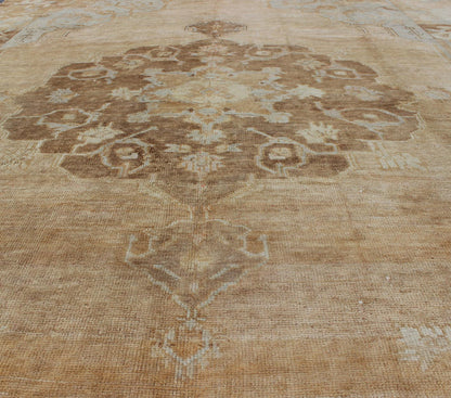 Vintage Turkish Kars rug with floral medallion in camel, tan, taupe, gray, sand, Keivan Woven Arts, rug TU - ARS - 433, country of origin / type: Turkey / Oushak, circa 1940 This vintage Turkish Kars rug (circa mid - 20th century) features a unique bl... - Keivan Woven ArtsTU - ARS - 433 - 2448Rug